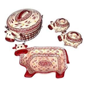 Temptations Old World Red Floral Cow 4 Piece Ceramic Serving Set Casserole